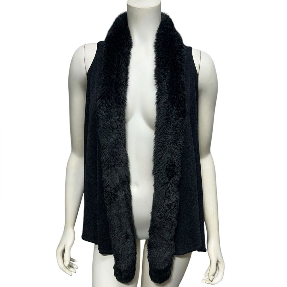 Joseph Ribkoff Fur Trim Sleeveless Cardigan Vest Black Open Sweater Fall Winter